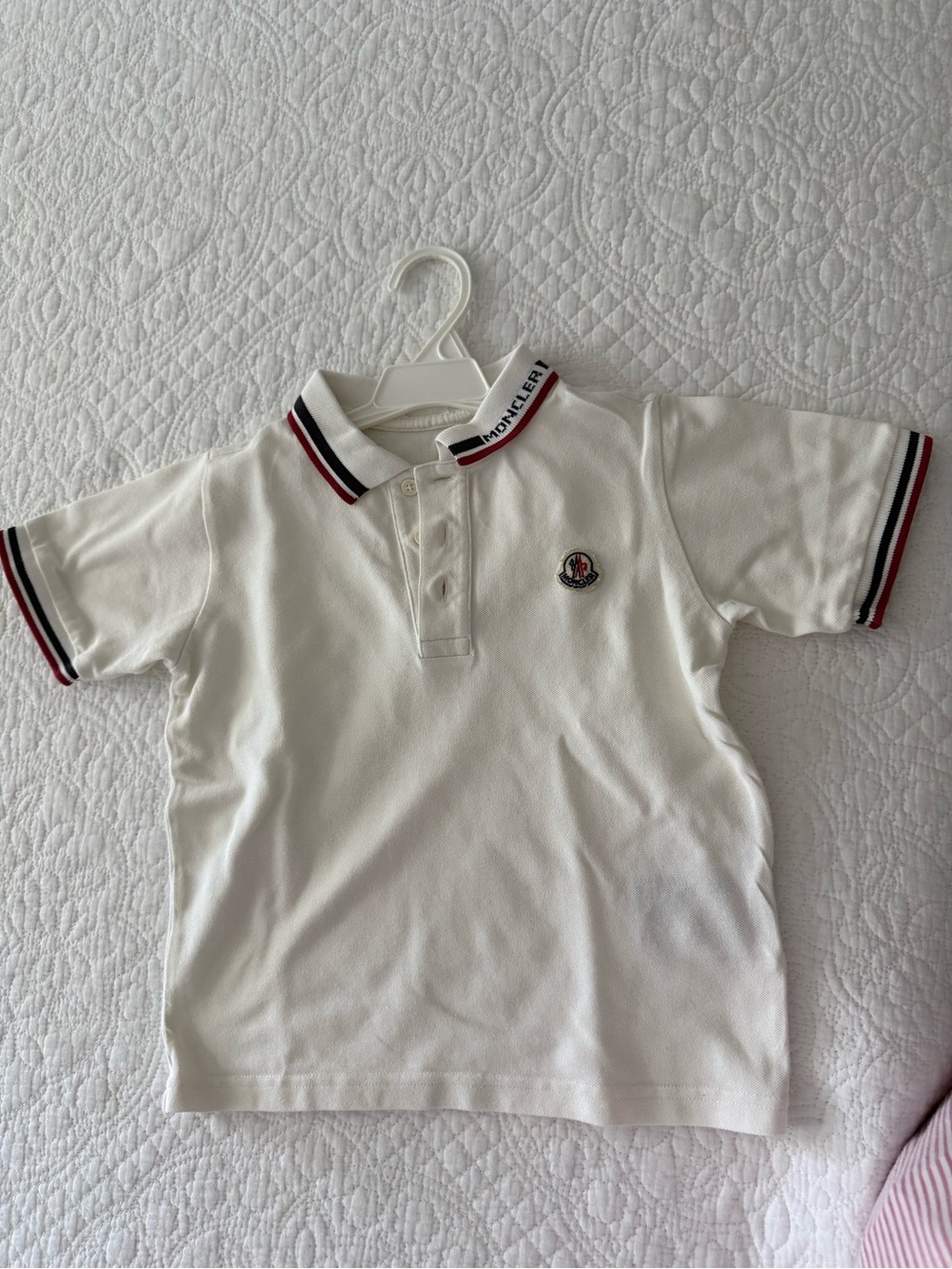Moncler White Kids Polo with Red & Navy Stripe Trim